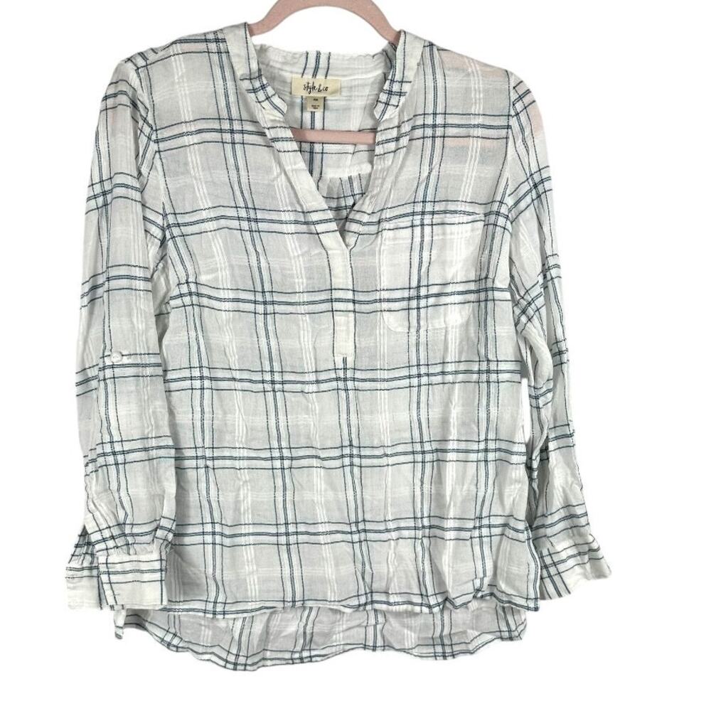 Style & Co Blue White Plaid Design Lightweight Top Petite Medium